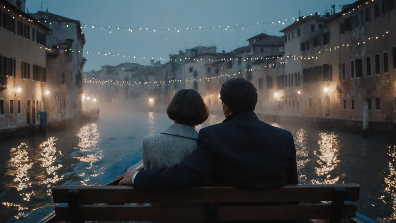 A couple on a private boat drifting along the Navigli canal at night, string lights reflecting on the water.