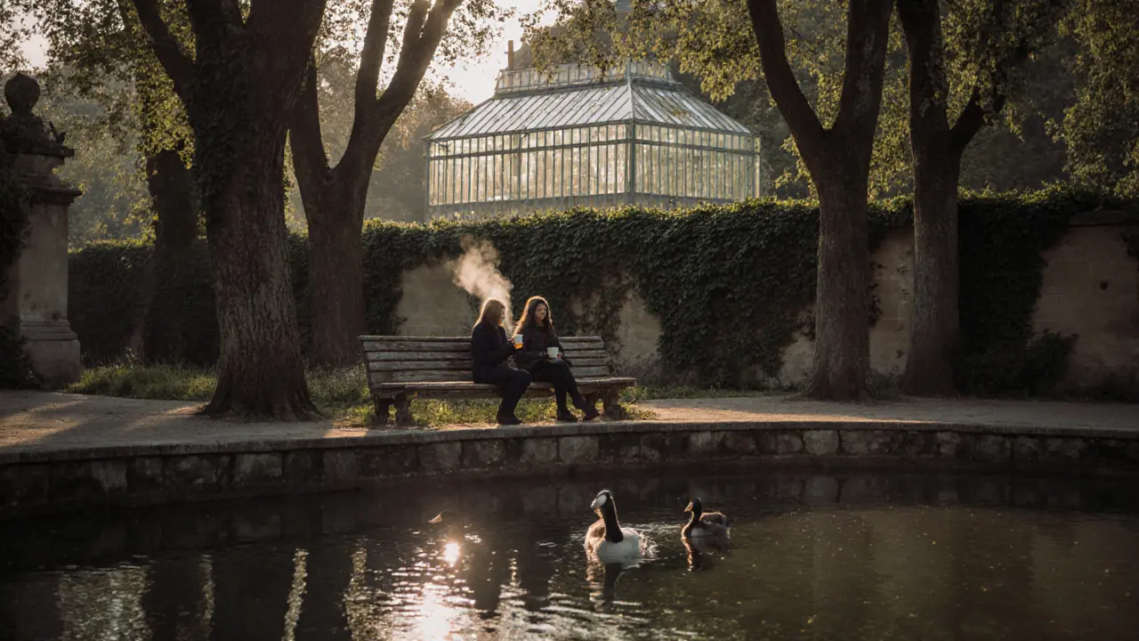 A peaceful morning at Jardin des Plantes, two people on a bench by a quiet pond.