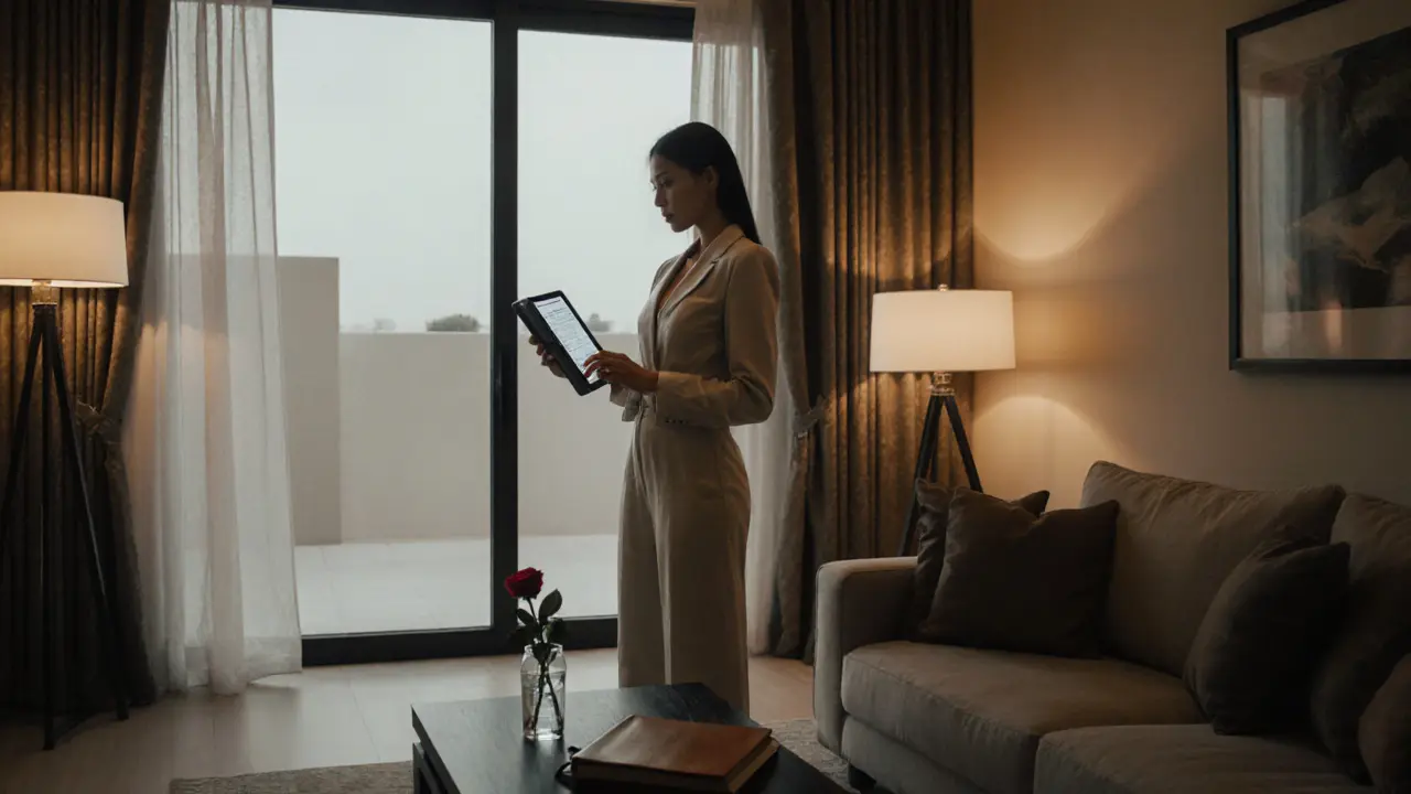 A professional escort in a private villa reviewing a secure booking on a tablet, surrounded by elements of discretion and elegance.