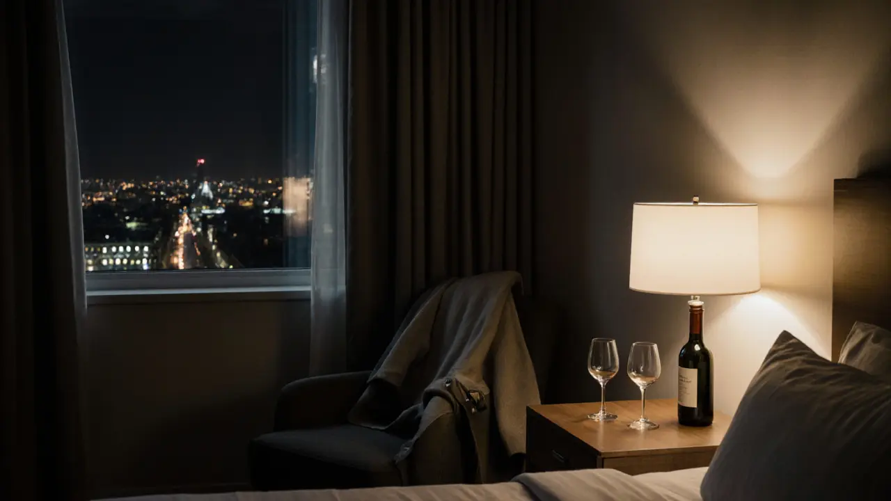 A serene hotel room in Berlin with wine glasses and city lights visible through the window.