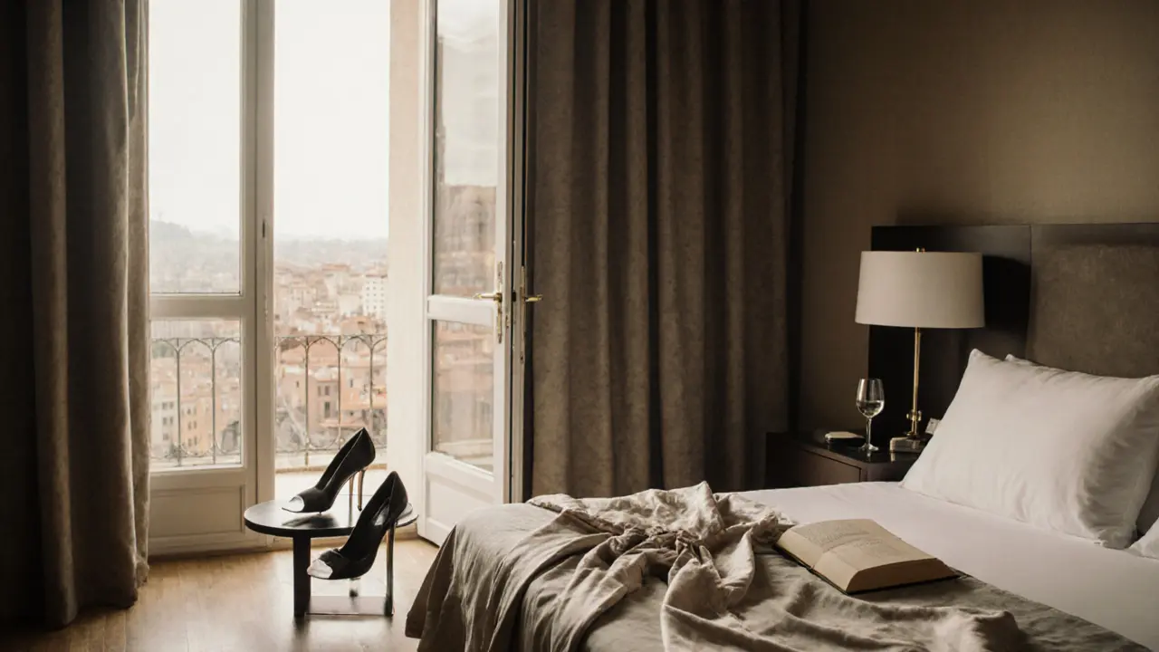 An empty luxury hotel suite in Milan with evidence of a quiet, meaningful night—robe, book, and wine glass.
