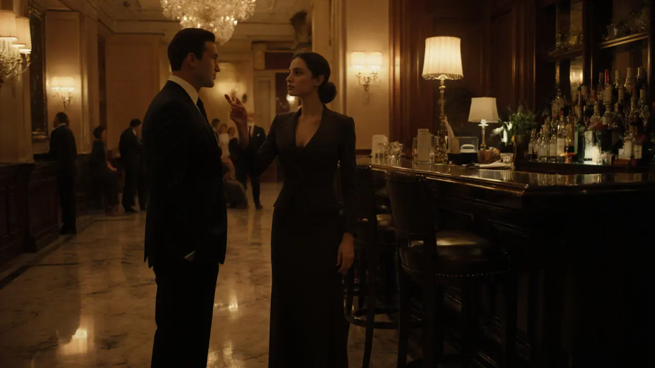 Client and escort exchange a discreet safety word in a classy hotel lobby.