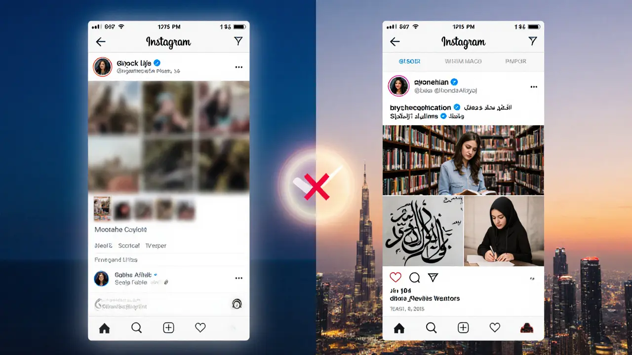 Contrasting fake social media profiles with authentic personal details, symbolizing truth versus deception in Dubai escort services.