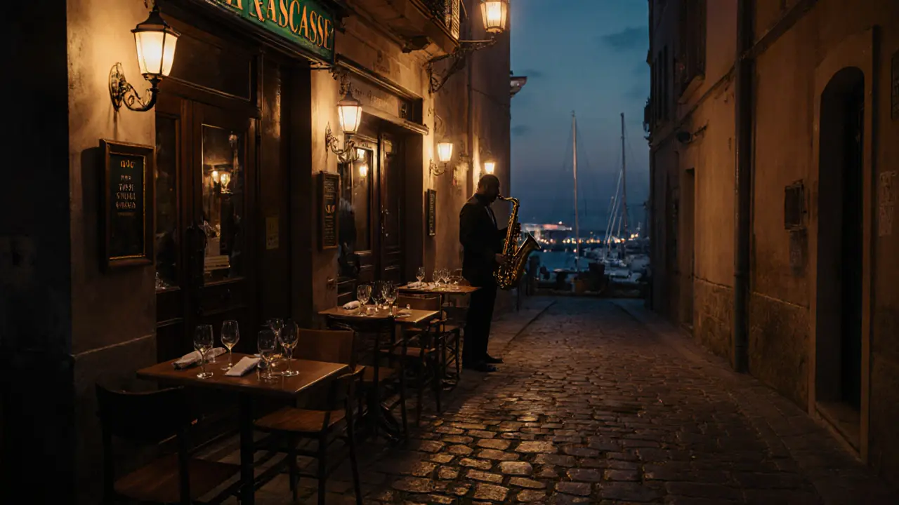 Cozy Old Port bar at night with warm lighting, jazz musician, and cobblestones.