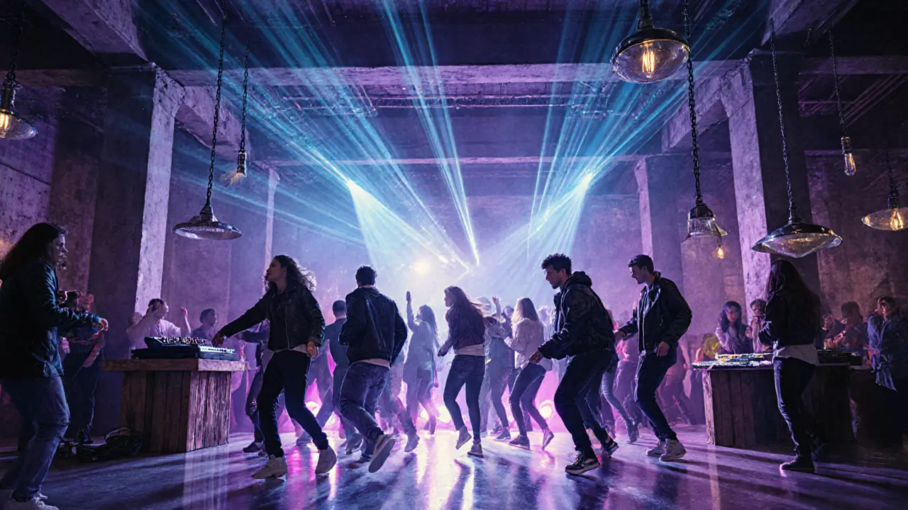 Crowd dancing to techno in an industrial warehouse club in Isola, neon lights flashing.