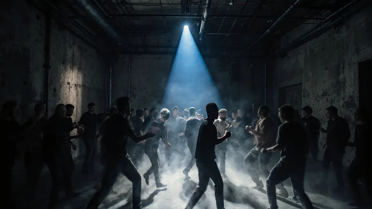 Crowd moving in a dim industrial nightclub with pulsing light and sound waves visible in the air.