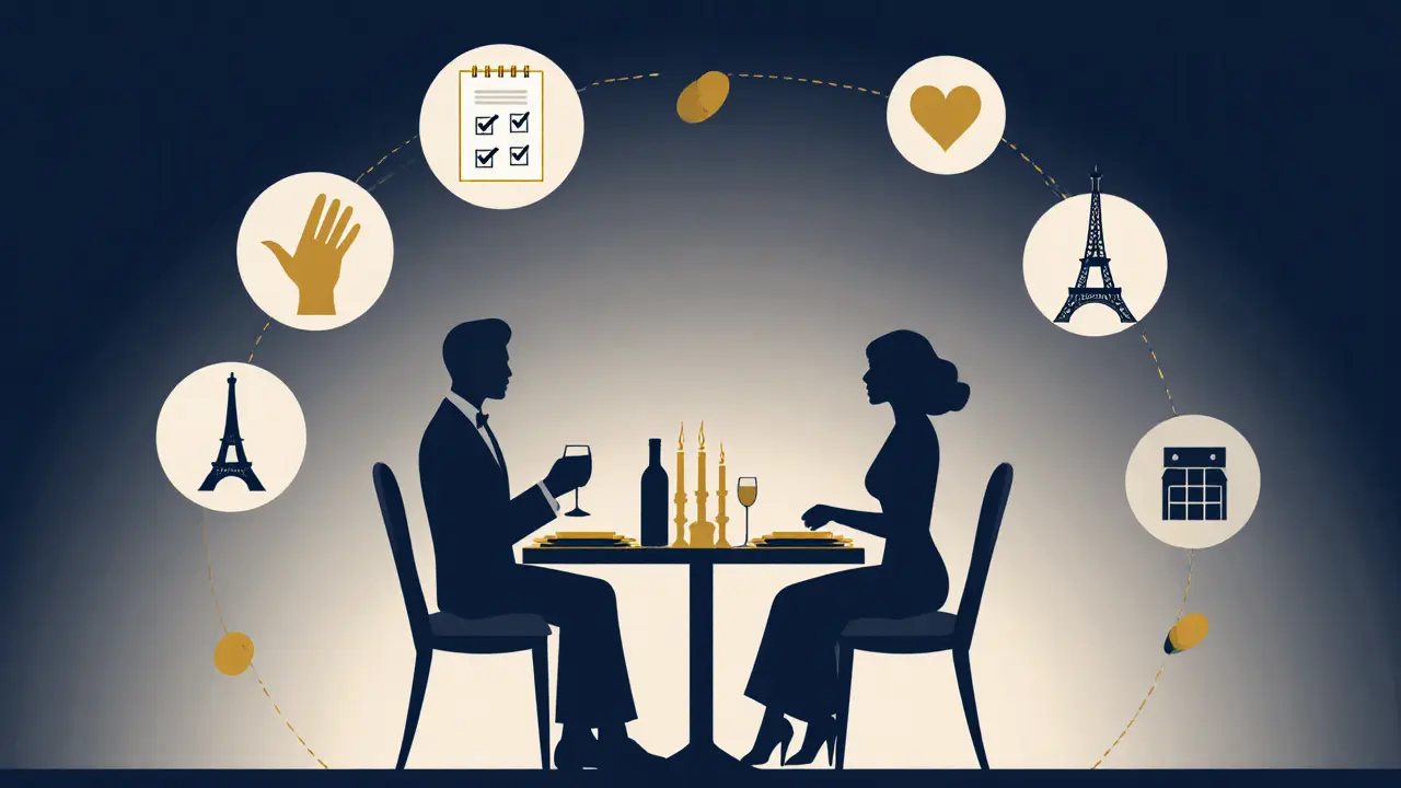 Elegant visual collage of icons representing a step‑by‑step escort interaction centered on a dinner table.