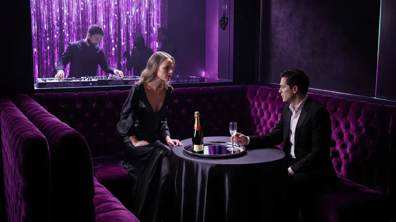 Exclusive VIP nightclub booth with a discreet escort and client.