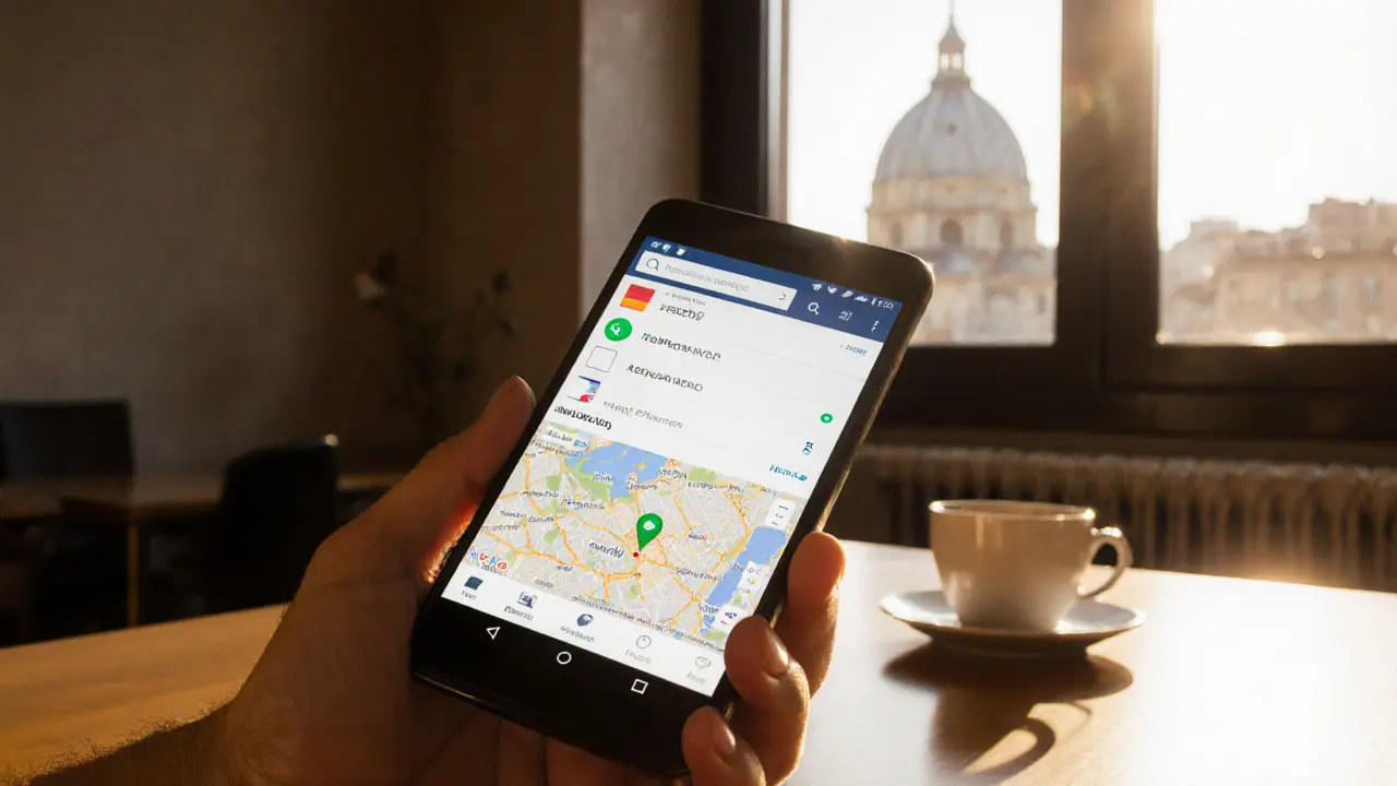 Hand holding phone with escort app UI, filters, verification badge, and city map.