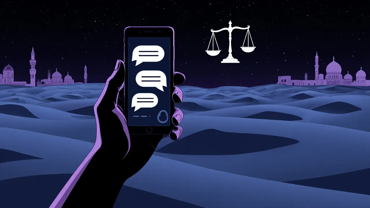 Hand with encrypted phone beside justice scales against desert night, symbolizing safety and legality.