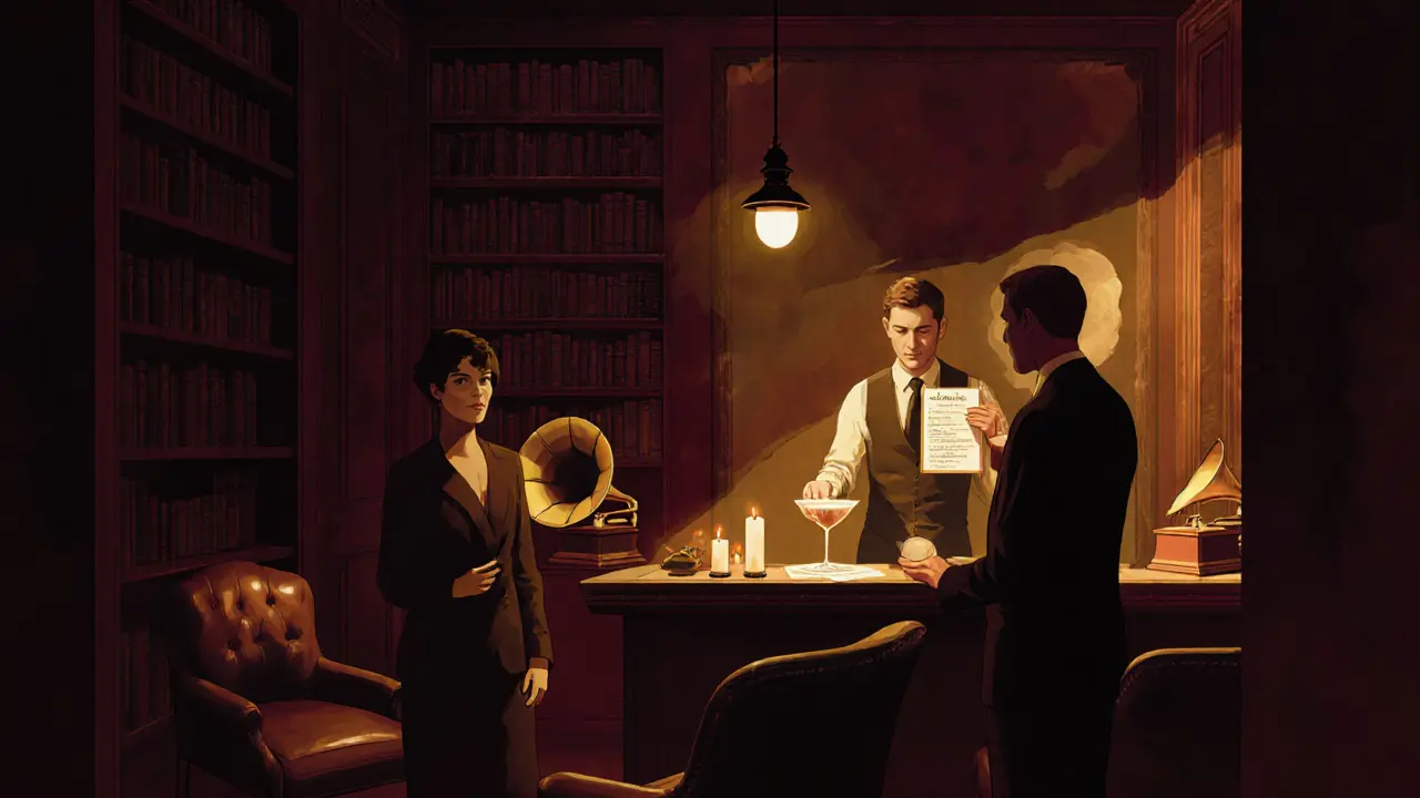 Hidden 1920s-style lounge with bartender preparing a unique desert-inspired drink.