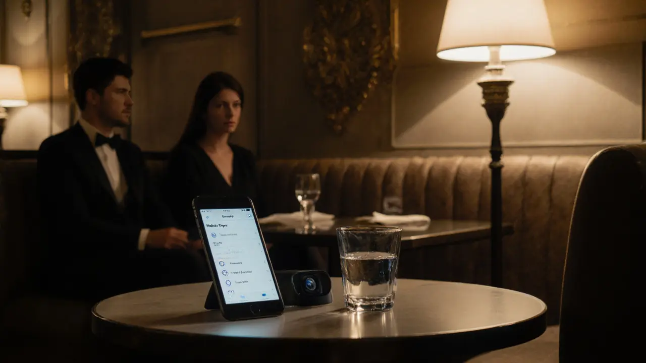 Hotel lounge scene with a phone showing safety app and a flashlight detecting a hidden camera.