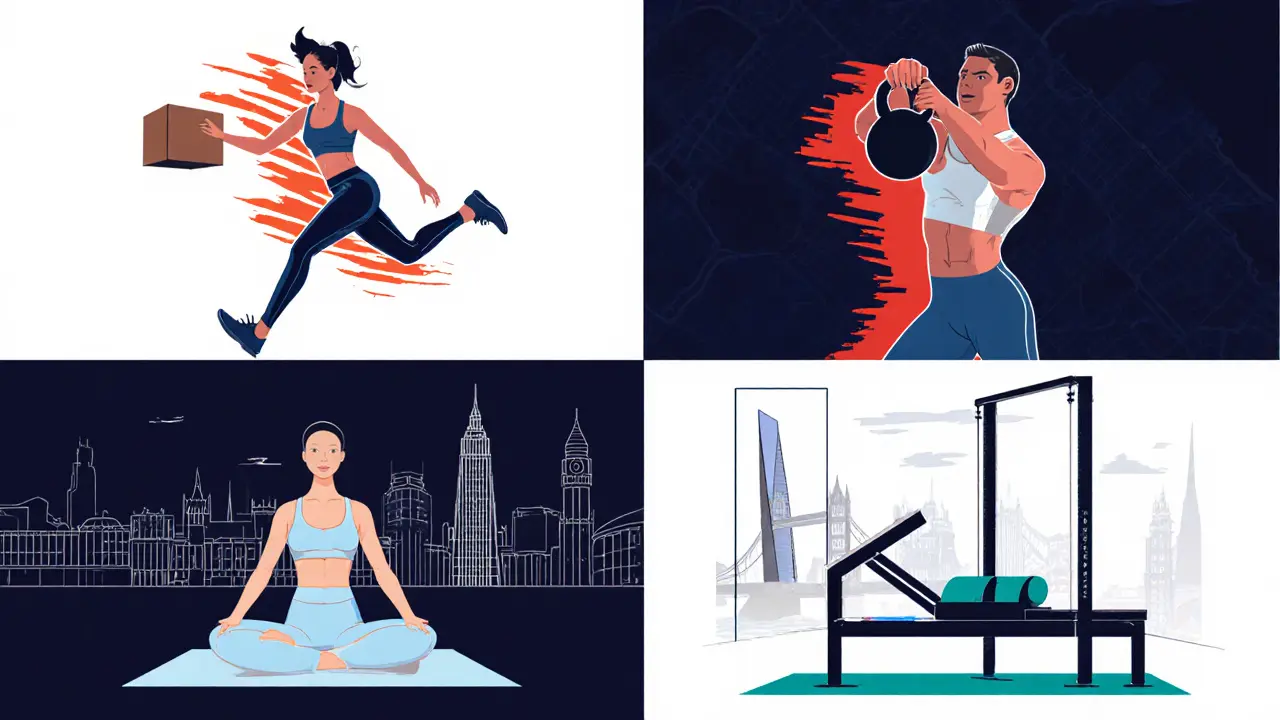 Illustrated collage showing HIIT, strength training, yoga, and Pilates for a luxury companion.