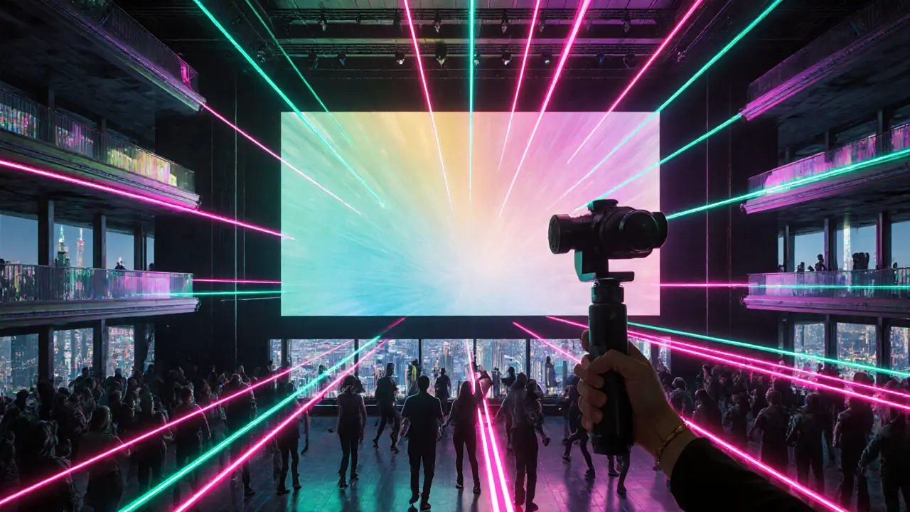 Interior of White Dubai club featuring a massive LED wall and neon lighting.