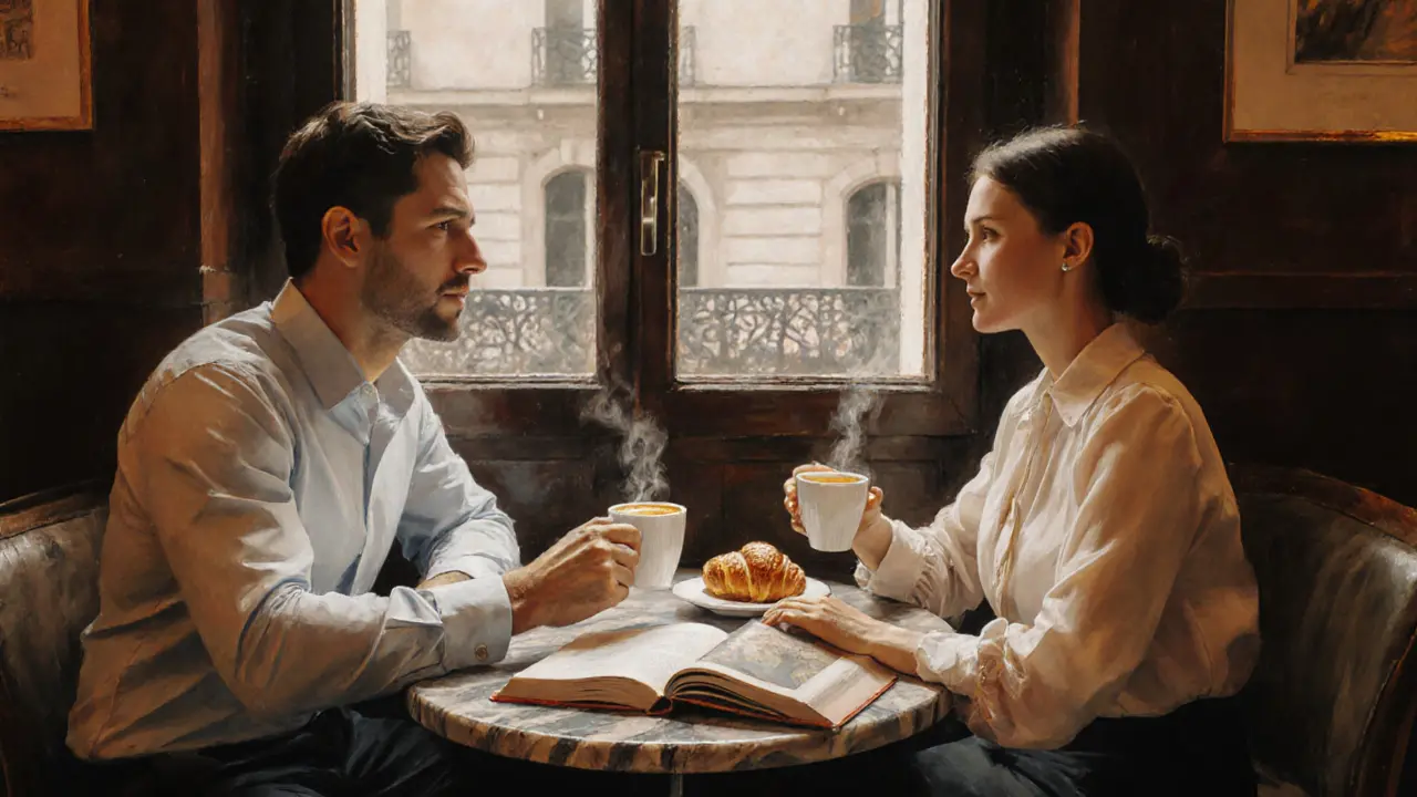 Intimate café table where a man and escort mirror each other's coffee gestures, sharing soft conversation.