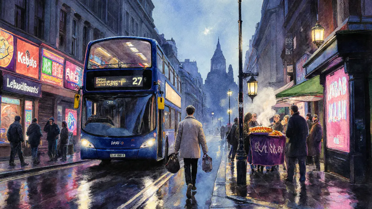 Late‑night street with traveler, night bus, and kebab stall under rain‑slick lights.
