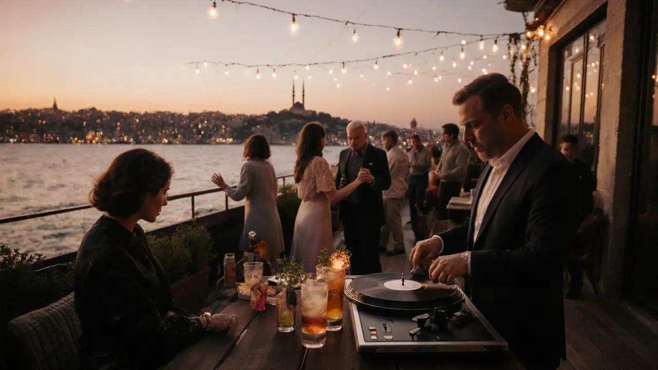 Leb-i Derya rooftop bar at dusk with couples dancing under string lights, overlooking the Golden Horn and Galata Tower.