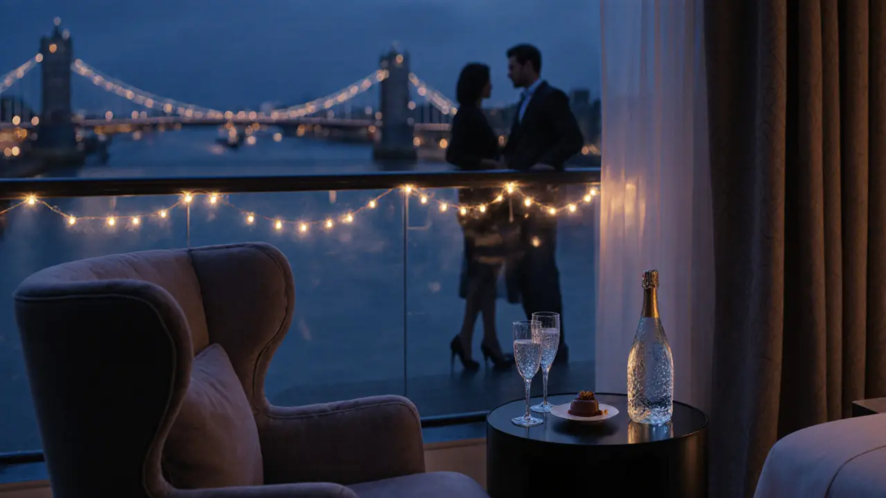 Luxurious hotel balcony with sparkling water and dessert, city lights in background.