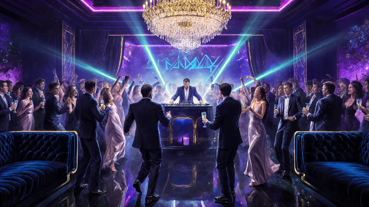Luxurious nightclub interior with DJ, dancing crowd in cocktail attire, and champagne flutes.