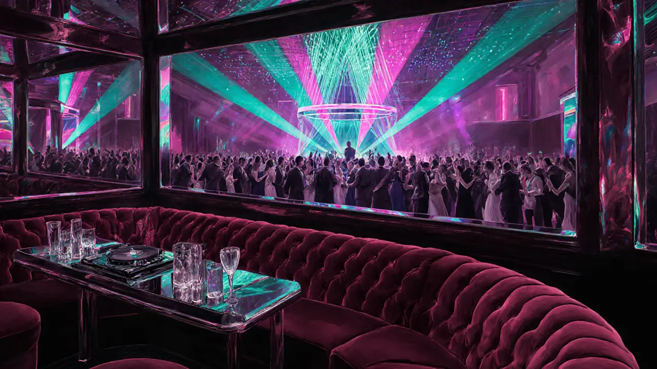 Luxurious nightclub interior with velvet seating, mirrored walls, and dancing crowd.