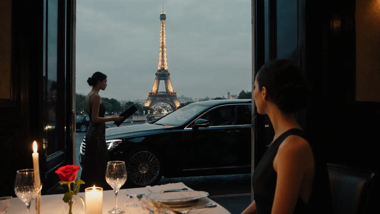 Luxury limousine arrives at a Michelin‑starred restaurant with the Eiffel Tower lit in the background.
