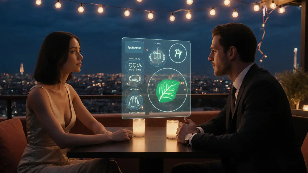 Luxury rooftop meeting with AI hologram suggestions and eco-friendly icons.