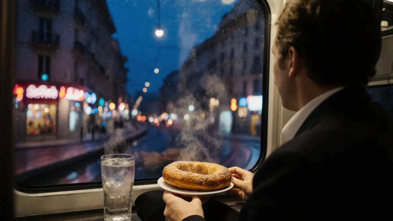 Night tram ride past illuminated Milan streets, passenger holding a panzerotto.
