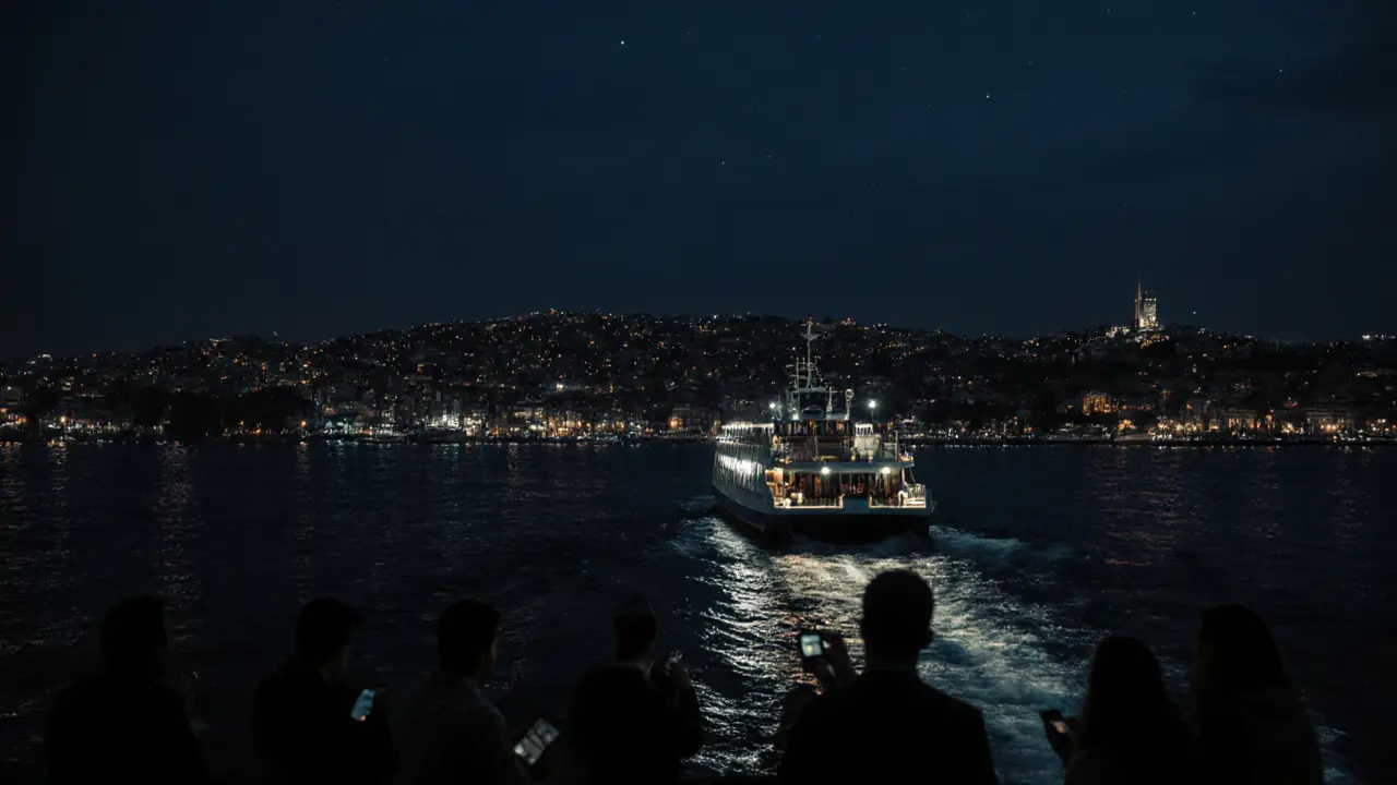 Nighttime ferry crossing the Bosphorus, illuminated decks and city skyline showing safe after‑dark transport.