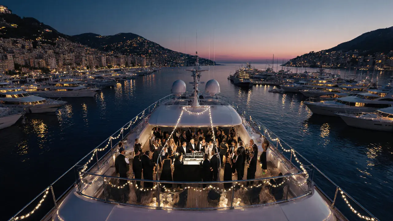 Nighttime yacht party at Monte Carlo Marina with formal guests and sunrise over the water.