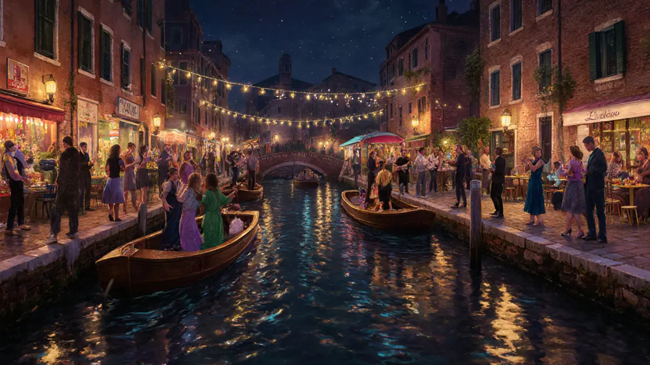 People dancing along the Navigli canal at night under string lights with boats and historic buildings in the background.