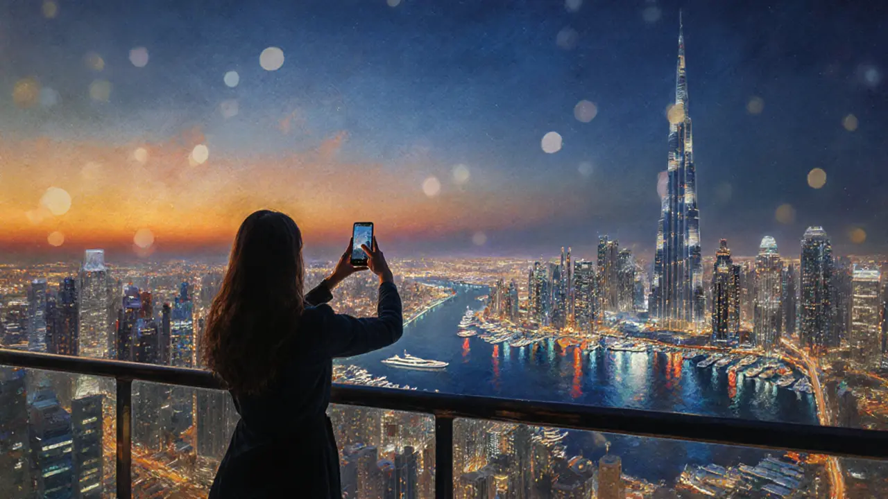 Person taking a selfie on the Burj Khalifa observation deck with city lights below.