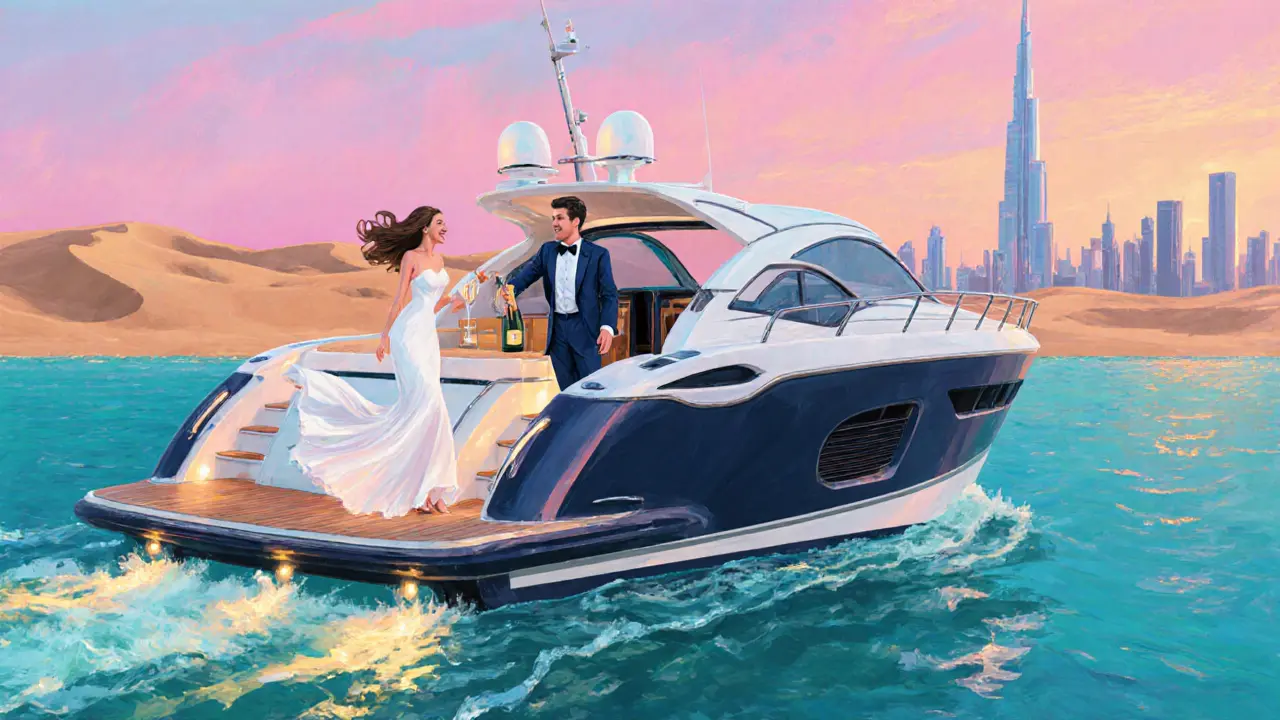 Private yacht at dusk with a dressed couple, city skyline and desert background.