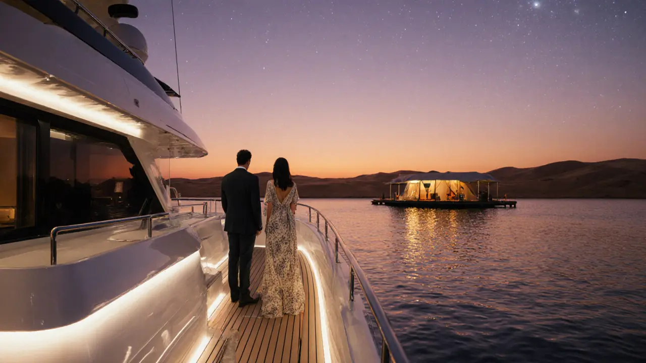 Private yacht at sunset with a companion and client on deck, desert dunes and starry sky in background.