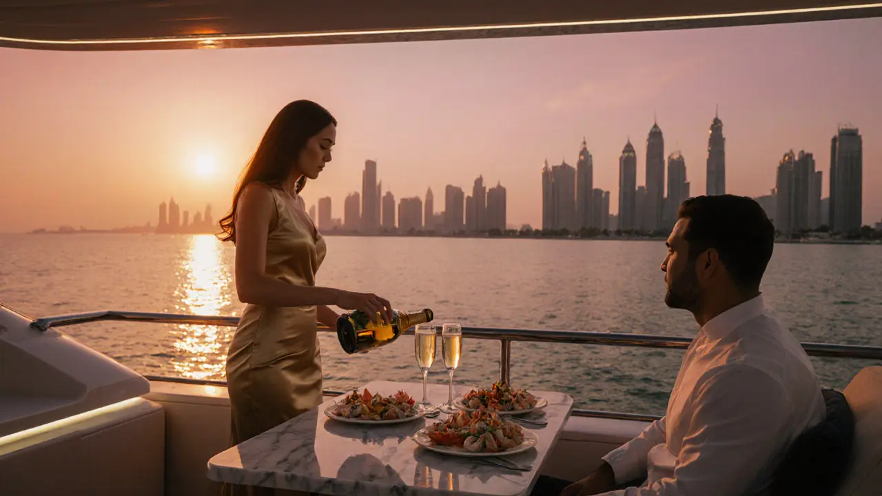 Private yacht at sunset with a sophisticated escort serving champagne.