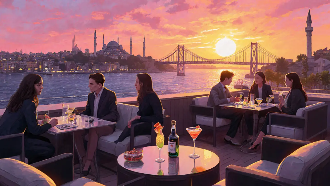 Rooftop bar at sunset with cocktails, rakı bottle, and patrons in smart‑casual dress overlooking the Bosphorus.