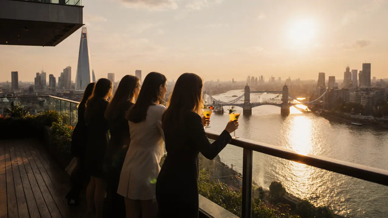 Rooftop bar on Southbank with sunset over the Thames and cocktail‑holding travelers.