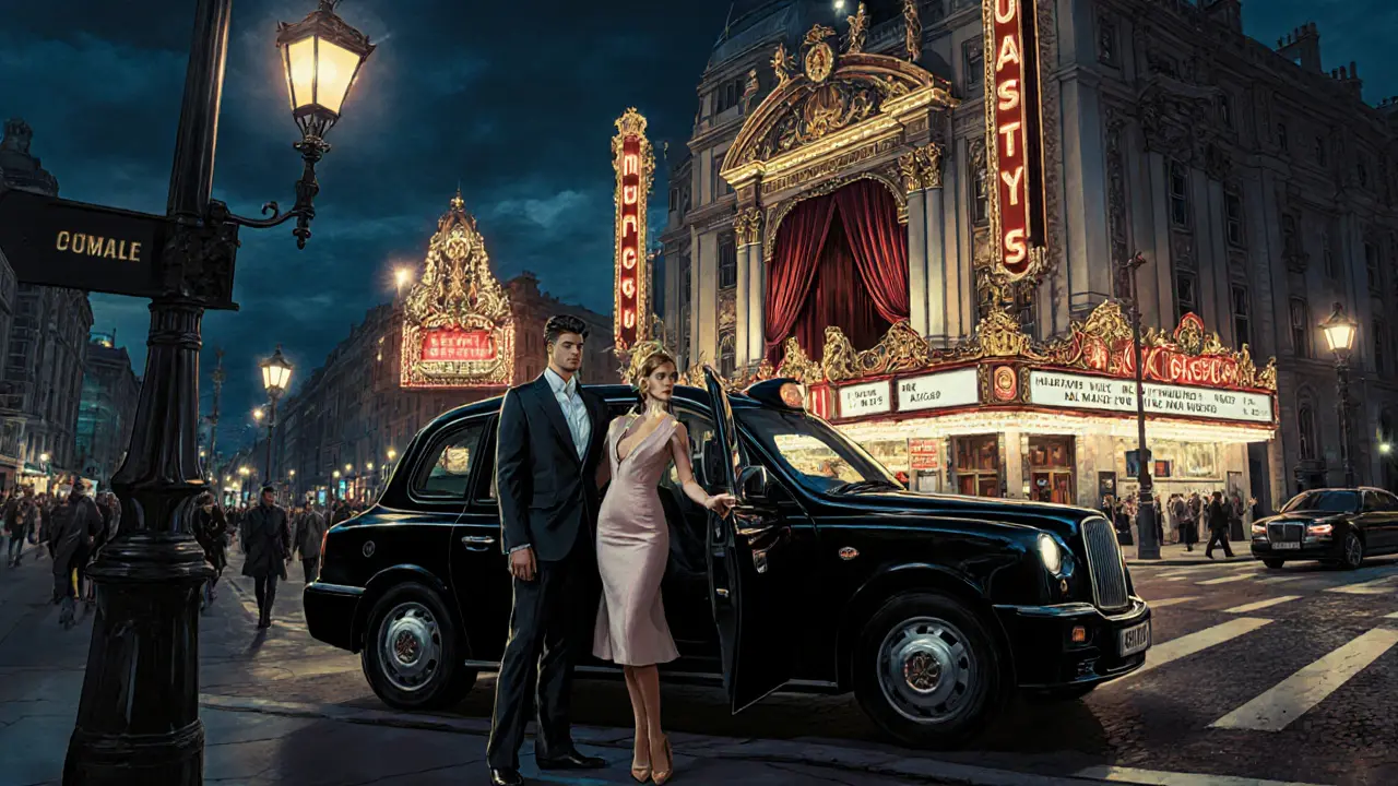 Stylish couple next to a black cab near a West End theatre at night.