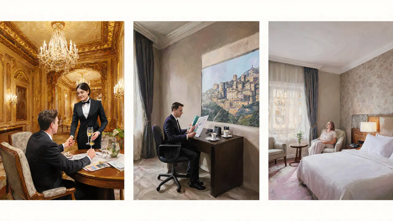 Three side‑by‑side scenes showing VIP villa, hotel suite, and casual hotel room companionship.