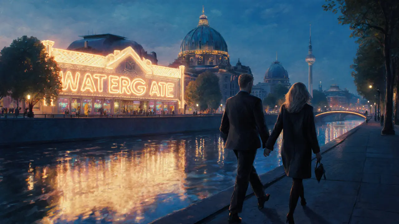 Two people walking along the Spree River at night near Berlin's iconic nightlife venues.