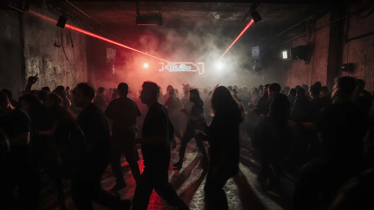 Underground techno club Kasa with red lasers, smoke, and a crowd moving to bass-heavy music in a concrete bunker.
