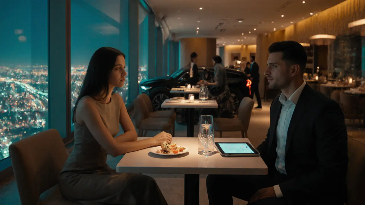 Upscale lounge with a reserved table, champagne, and a companion serving a client beside city windows.