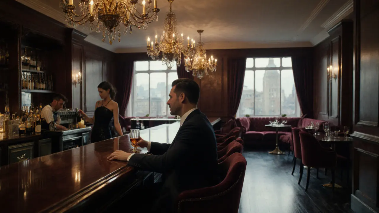 Upscale Mayfair hotel lounge with a gentleman and escort sharing a quiet moment.