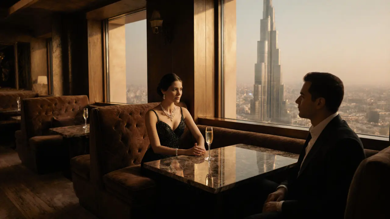 Upscale VIP lounge with a companion and client sharing champagne, Burj Khalifa visible.
