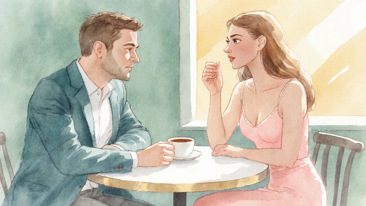 Watercolor of two people mirroring gestures at a café table, showing subtle connection.