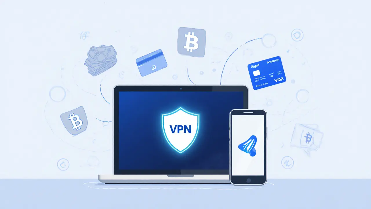 Workspace with laptop showing VPN icon, phone with Signal, and icons for cash, card, and Bitcoin.
