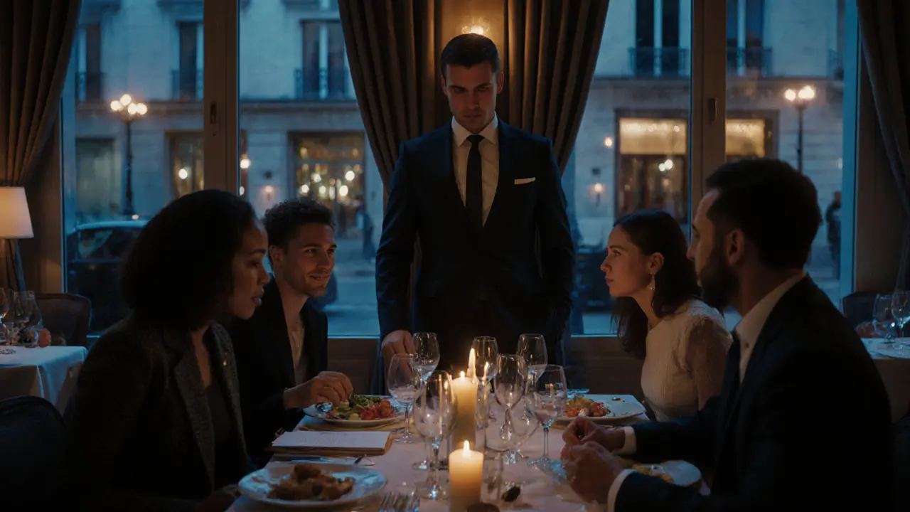 A client and escort sharing a quiet dinner in a luxury hotel lounge with subtle security presence.