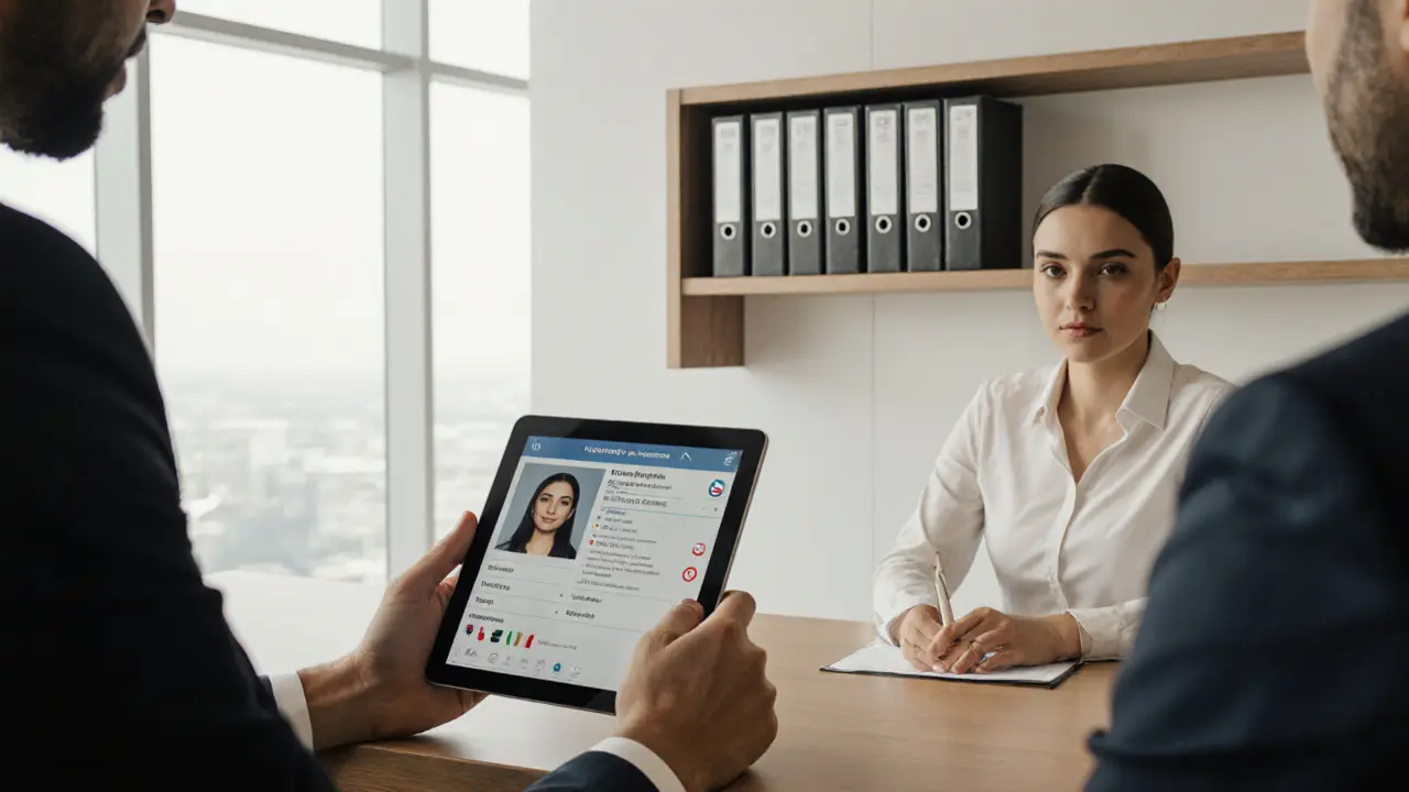 A client reviews a professional escort&#039;s profile on a tablet in a clean booking office, with no suggestive imagery.