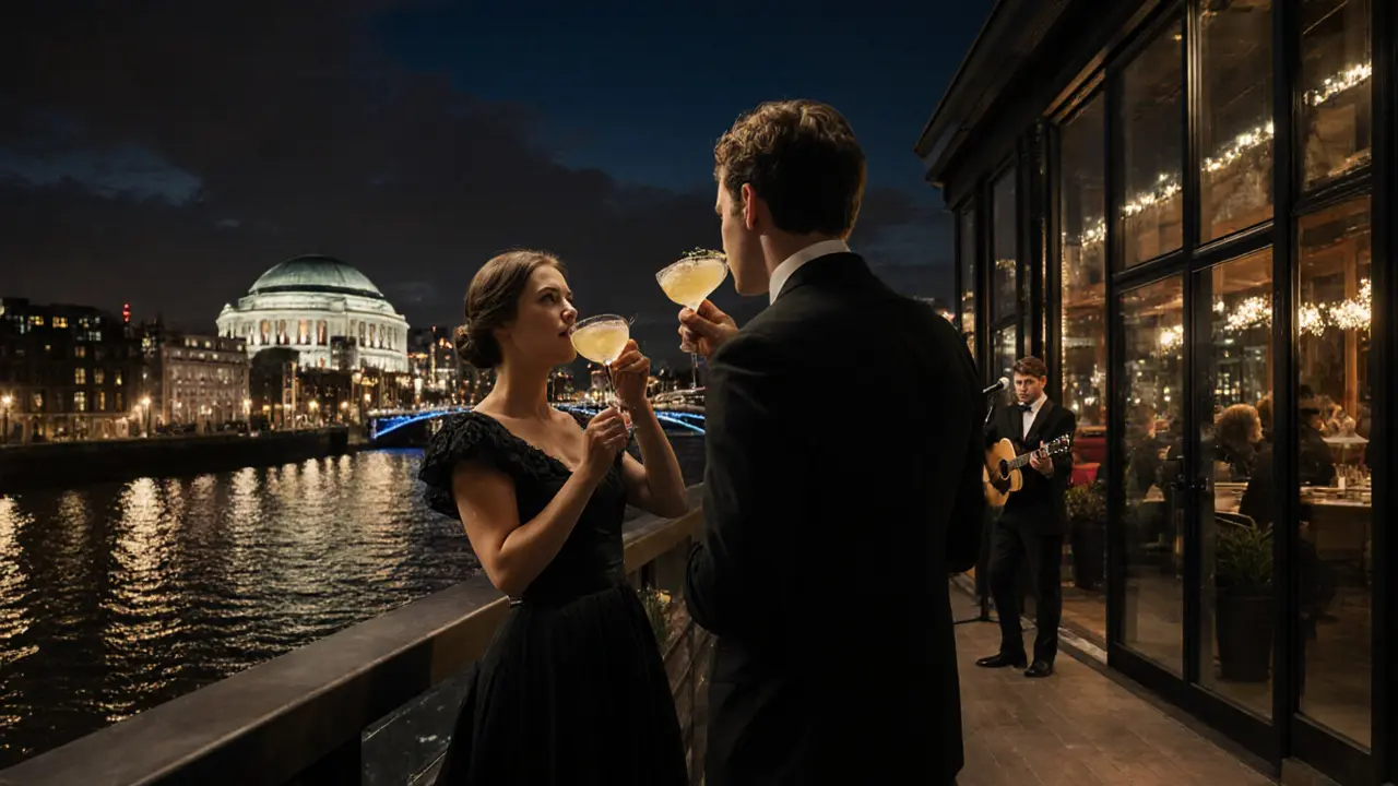 A couple on a rooftop bar overlooking the Thames at night, sipping drinks as London lights reflect on the water.