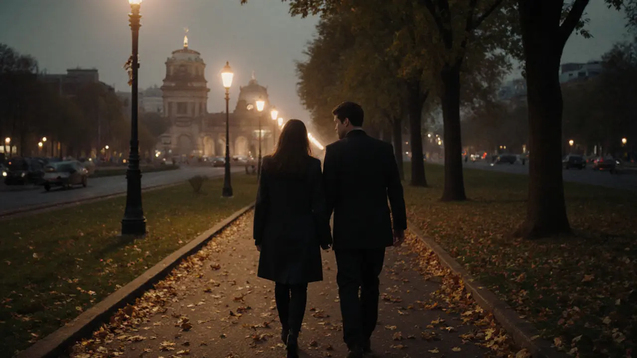 A couple walking peacefully through Tiergarten park at dusk, the Brandenburg Gate visible in the distance.