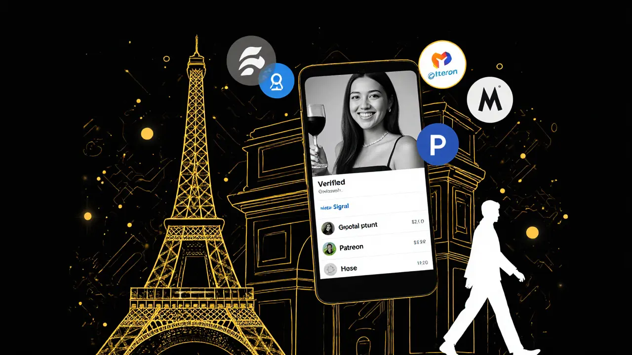 A digital artwork merging Paris landmarks with blockchain and encrypted service icons.